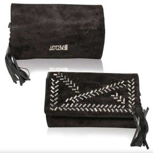 Just Cavalli Elegant Black Suede Braided Clutch: A Blend of Style and Sophist